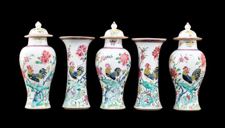 Chinese export porcelain famille rose garniture with roosters